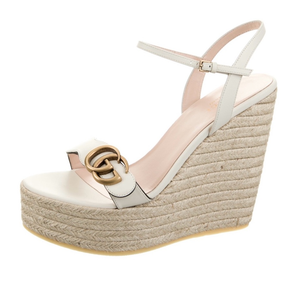 Gucci White and Tan Wedge Espadrilles with Gold Hardware